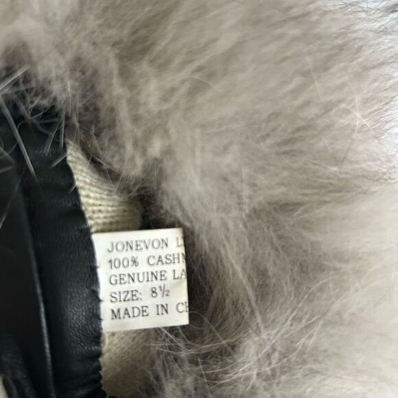 Jonevon Ltd Women’s Black Lambskin Leather Cashmere Lined Gloves Fur Trim 8 1/2 - Picture 4 of 6
